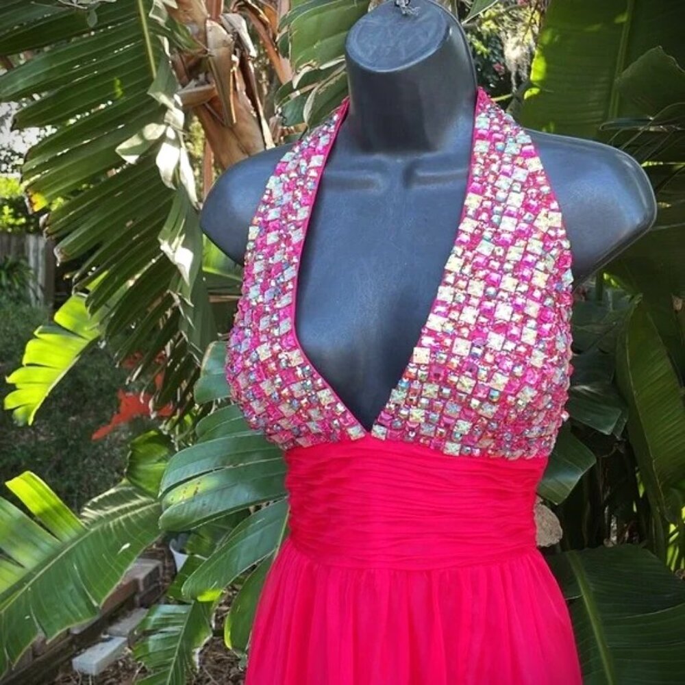 "Gorgeous" Alyce beaded halter slit front full circle skirt formal dress